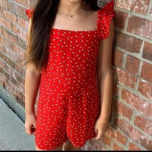 Red romper with white floral print w/ruffle